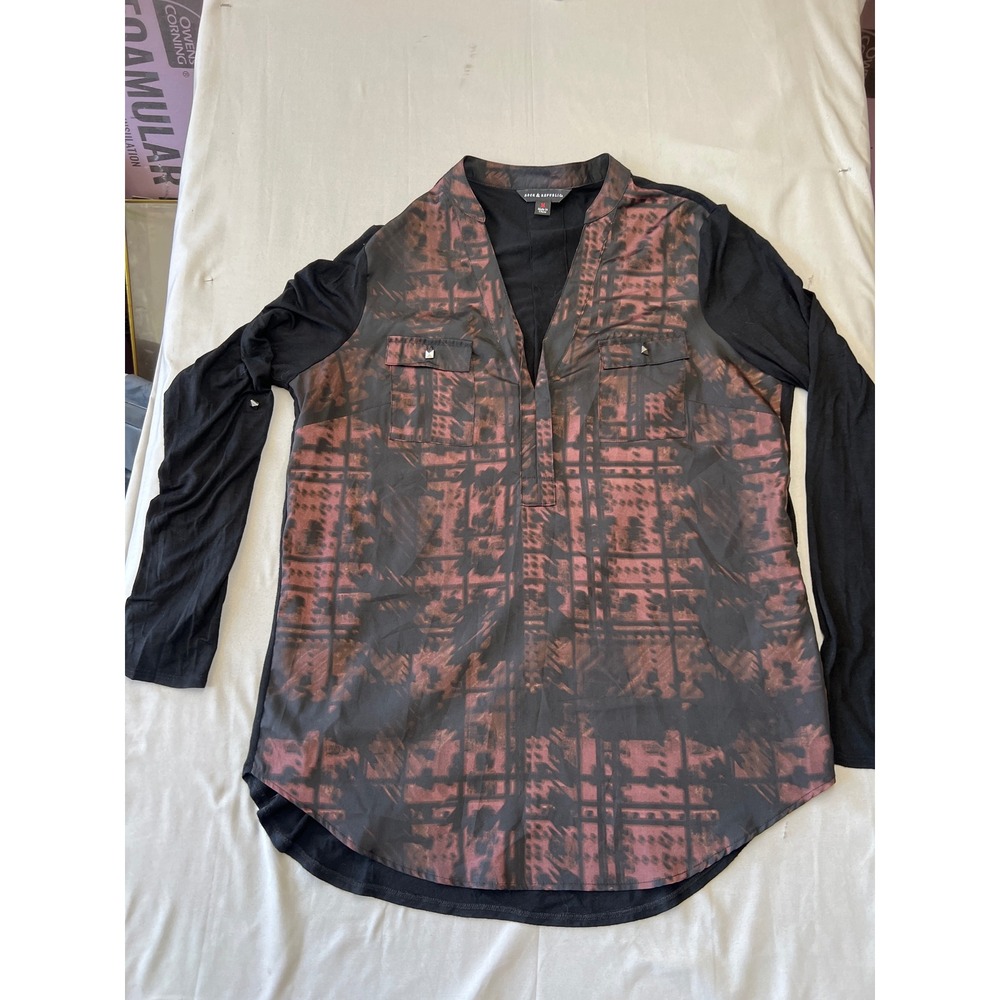 Rock & Republic Women Black Abstract Print Studded Mixed Media Blouse Medium